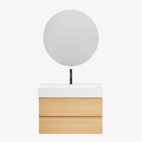 Ona Zwevend Badkamermeubelset Van Hout En Essenfineer Met Geïntegreerde Wastafel Natuurlijk Hout & Round Led And Antifog Ø70 Cm Riben - Sklum