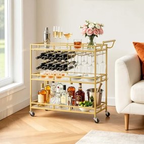 VEVOR 3-laags bartrolley, serveerwagen met glashouder, wijnrek en handgreep, dranktrolley als rolwagen voor woonkamer, eetkamer en keuken, keukentrolley in goudkleur 880 x 380 x 890 mm