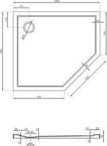 Mexen Flow pentagonale douchebak slim links 100 x 80 cm, wit glans - 46P108010L