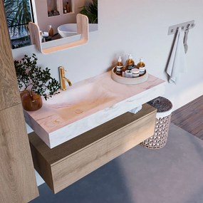 Mondiaz Alan DLux badmeubel 110cm washed oak 1 lade met wastafel ostra links 1 kraangat