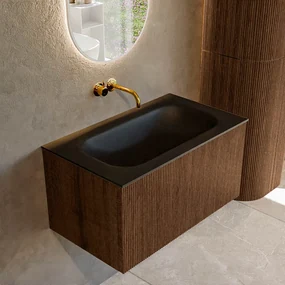 Mondiaz Kurve 80cm badmeubel walnut met 1 lade en wastafel big small midden zonder kraangat urban