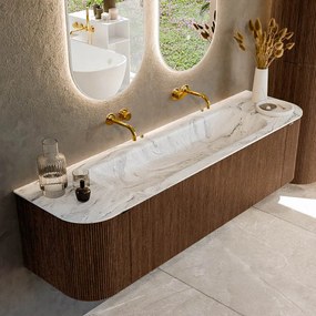 Mondiaz Kurve-dlux 170cm badmeubel ronding links/rechts walnut met 1 lade en 2 deuren en wastafel big large midden zonder kraangat glace