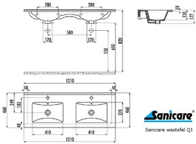 Sanicare Q1 keramische dubbele wastafel 121x46cm wit