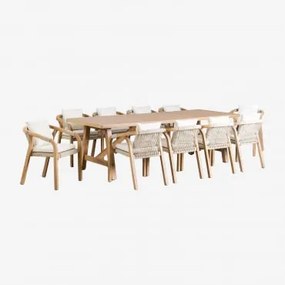 Rechthoekige Eettafelset 260x100 Cm Met 10 Acaciahouten Eetkamerstoelen Dubai Rustiek Acaciabruin & Stof Gardenia Wit - Sklum
