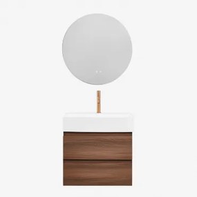 Badkamermeubelset Van Hout En Essenhoutfineer Met Geïntegreerde Wastafel Ona Donker Hout & Round Led And Antifog Ø70 Cm Solyn & - Sklum