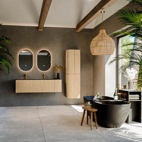 Mondiaz Kurve-dlux 145cm badmeubel ronding rechts oak met 1 lade en deur en wastafel leaf dubbel/links 2 kraangaten lava