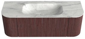Mondiaz Kurve-dlux 130cm badmeubel ronding links/rechts ruby met 1 lade en 2 deuren en wastafel big small midden zonder kraangat opalo