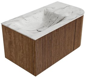 Mondiaz Kurve-dlux 85cm badmeubel ronding rechts walnut met 1 lade en deur en wastafel cloud kraangat links glace