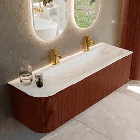 Mondiaz Kurve-dlux 145cm badmeubel ronding links ruby met 1 lade en deur en wastafel big large rechts 2 kraangaten ostra