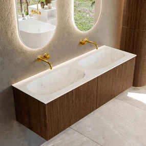 Mondiaz Kurve-dlux 140cm badmeubel walnut met 2 lades en wastafel stor small dubbel zonder kraangat opalo