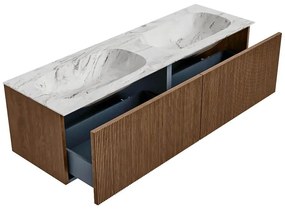 Mondiaz Kurve-dlux 150cm badmeubel walnut met 2 lades en wastafel stor small dubbel zonder kraangat glace