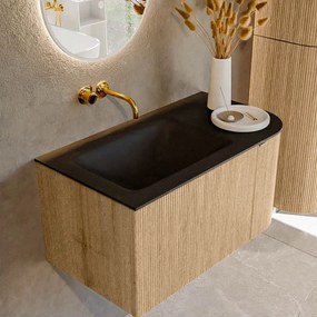 Mondiaz Kurve 85cm badmeubel ronding rechts oak met 1 lade en deur en wastafel cloud links zonder kraangat urban