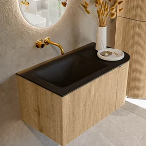Mondiaz Kurve 85cm badmeubel ronding rechts oak met 1 lade en deur en wastafel cloud links zonder kraangat urban