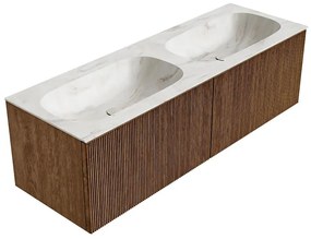 Mondiaz Kurve-dlux 140cm badmeubel walnut met 2 lades en wastafel stor small dubbel zonder kraangat ostra