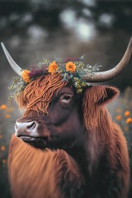 Kunstfotografie Highland Cow With Flowers, Treechild, (26.7 x 40 cm)