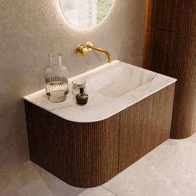 Mondiaz Kurve-dlux 75cm badmeubel ronding links dusk met 1 lade en deur en wastafel grunne rechts zonder kraangat opalo