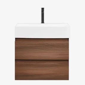 Badkamermeubelset Van Hout En Essenhoutfineer Met Geïntegreerde Wastafel Ona Donker Hout & Spiegelloze & Zwart ↑20 Cm Met - Sklum