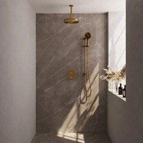 Brauer Stripe inbouw regendouche rond met 25cm hoofddouche, rond met plafondarm, glijstang en 3 standen handdouche set 48 messing geborsteld PVD