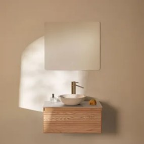 Tedrik Badkamermeubelset In Essenhout Ash Brown & Rond Cement Wit Ø40 Cm Zavion & Rechthoekige Led En Anticondens 80x70 Cm Gualar & Goud - Sklum