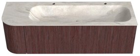 Mondiaz Kurve-dlux 145cm badmeubel ronding links ruby met 1 lade en deur en wastafel big large rechts 2 kraangaten ostra